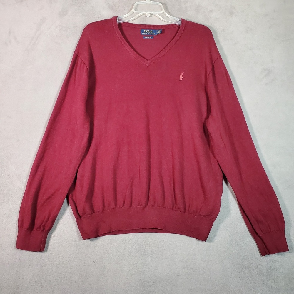 Polo Ralph Lauren Sweater Mens L Red V-Neck Pima Cotton Pullover‎ Preppy Golf